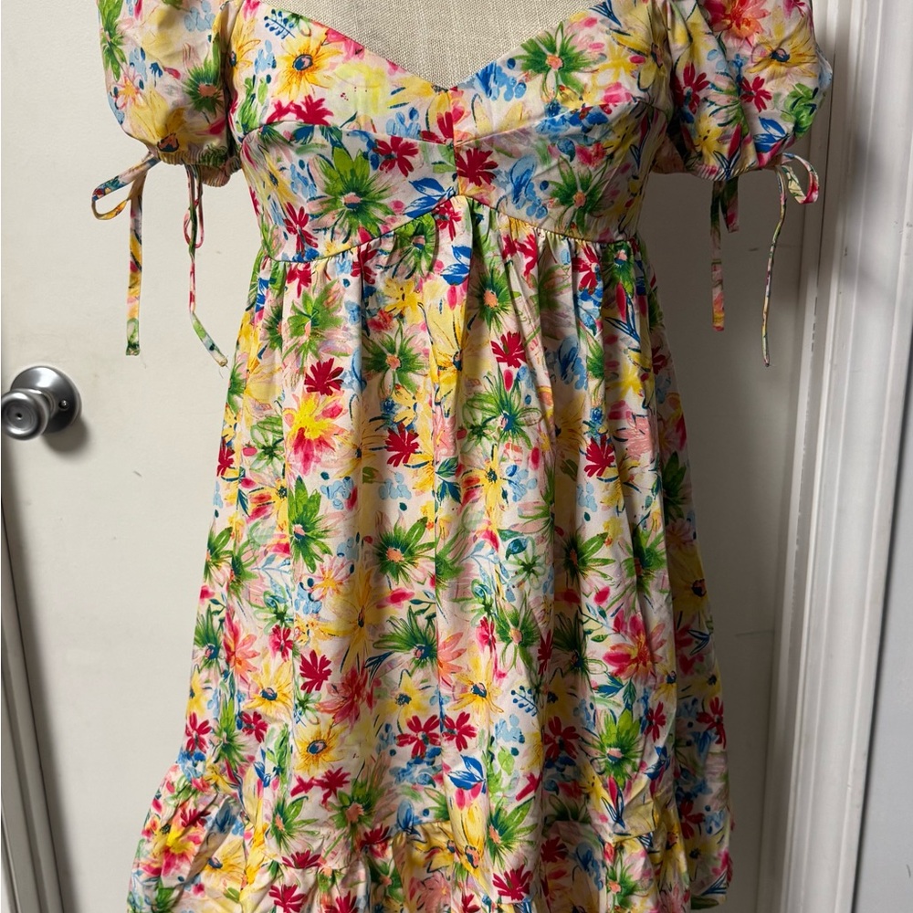 SHEIN Yellow Floral Puff-Sleeve Mini Dress